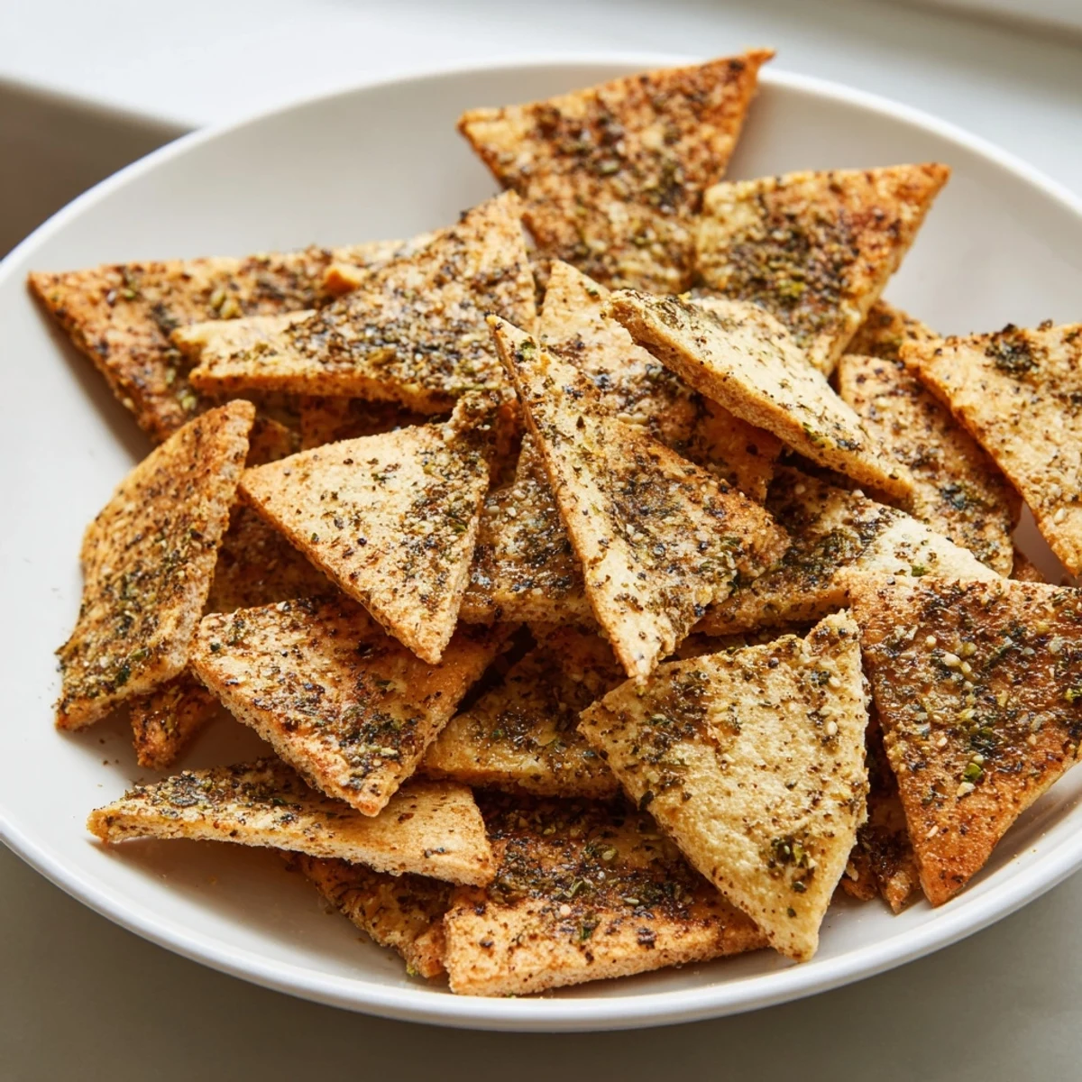 Warm baked zaatar pita chips piled on a rustic wooden board with olive oil