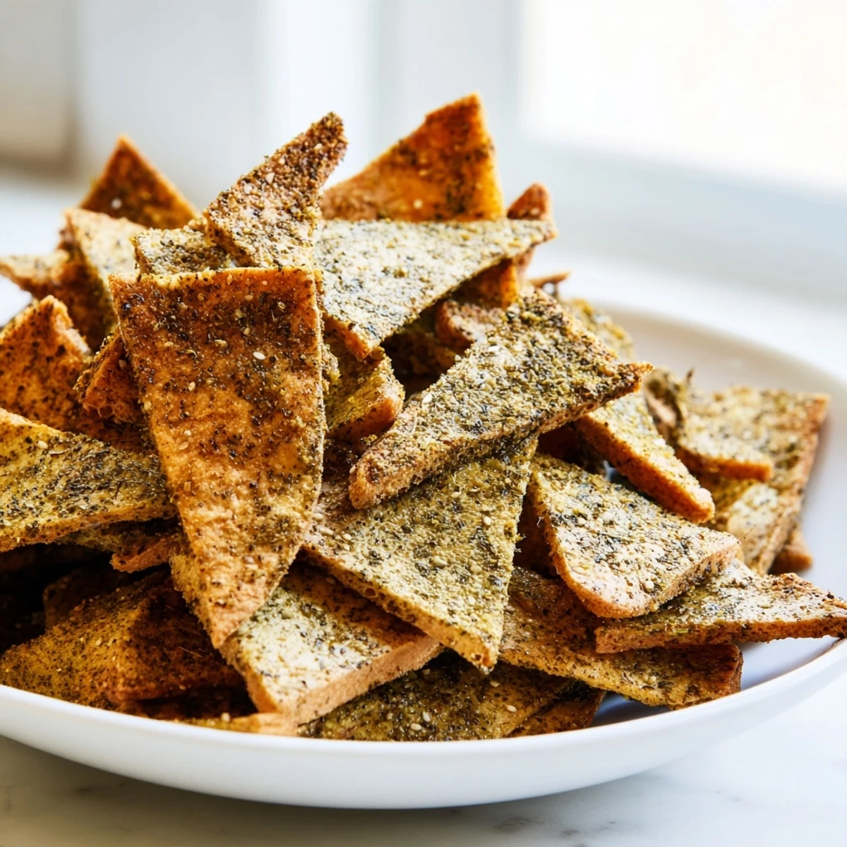 Crunchy zaatar pita chips coated in aromatic spice blend, fresh from the oven