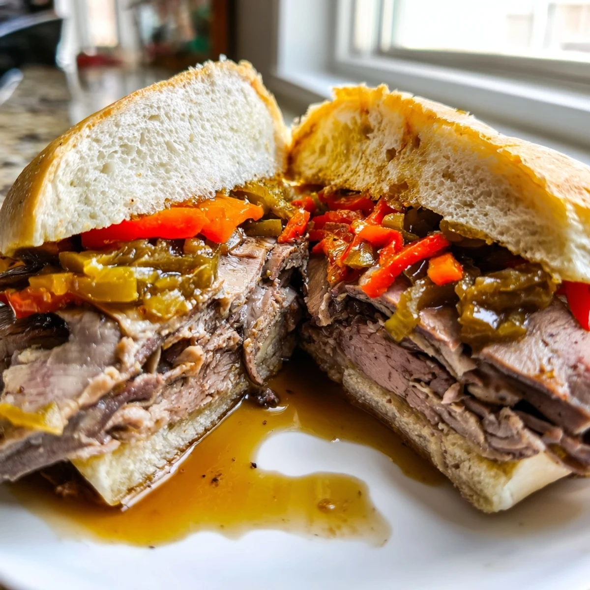 Juicy Chicago style Italian beef sandwich dripping with savory au jus and topped with spicy giardiniera on a crusty roll