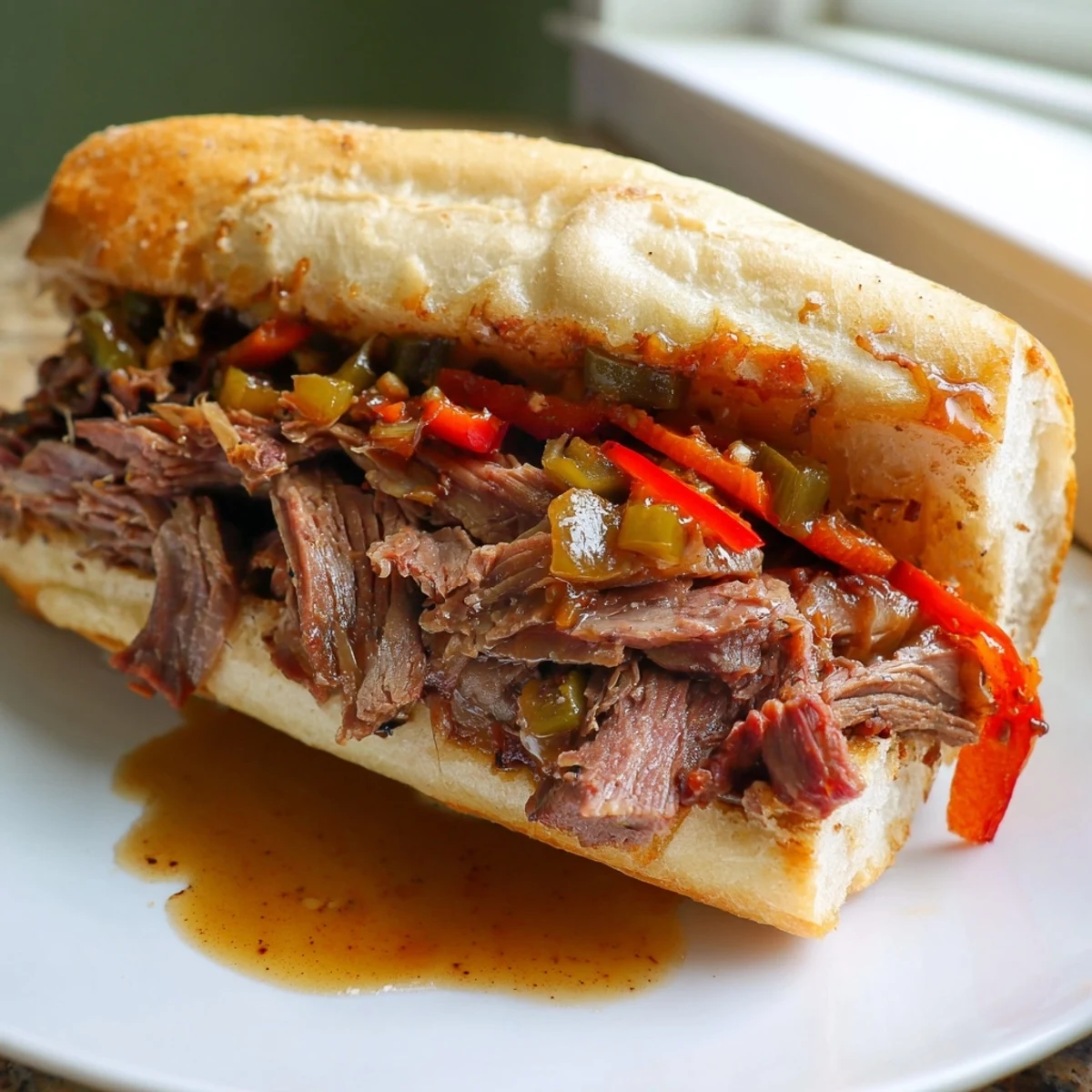 Thinly sliced Chicago style Italian beef piled high on a toasted French roll with sweet roasted peppers and melted juices
