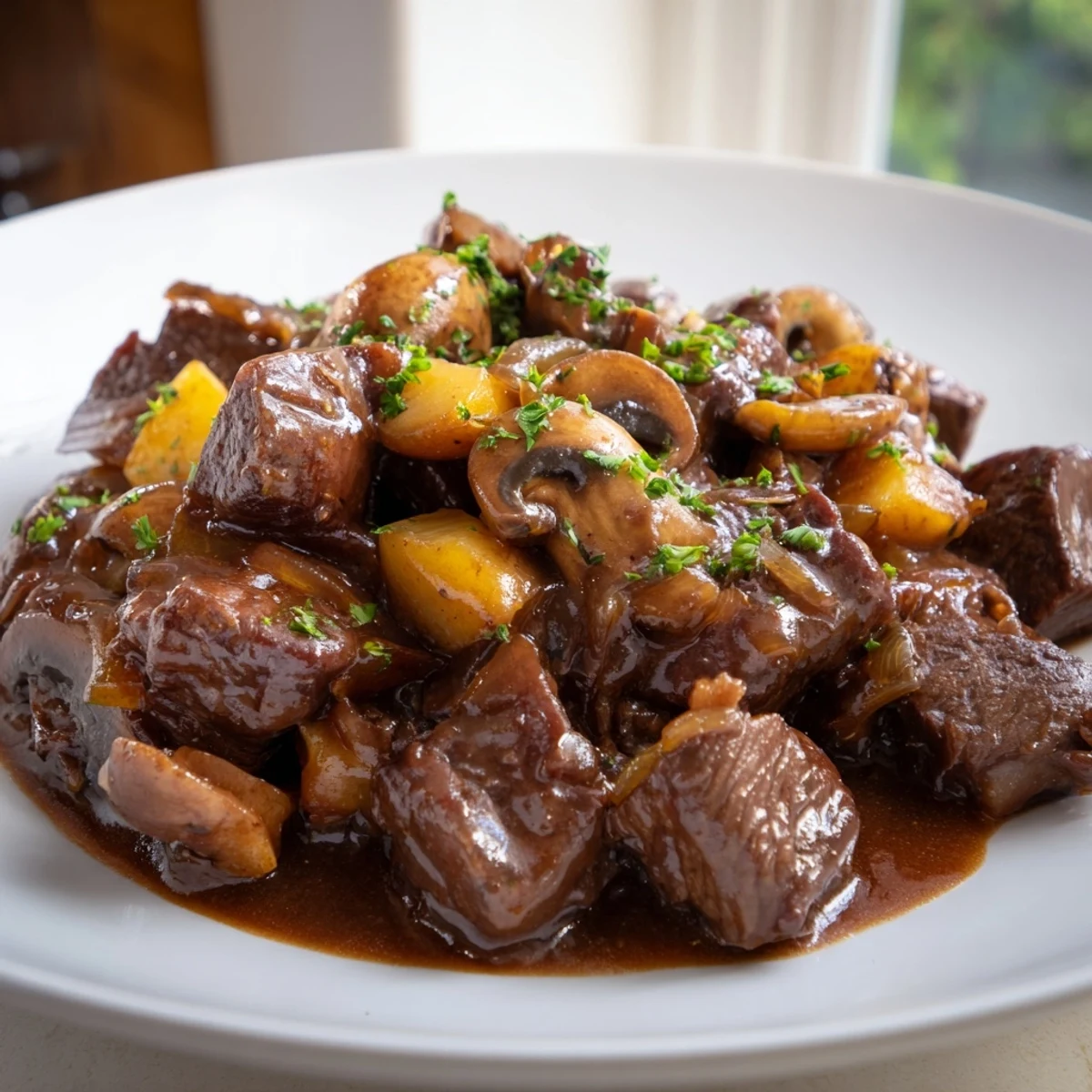 Juicy beef steak tips swimming in rich brown gravy with fresh parsley garnish