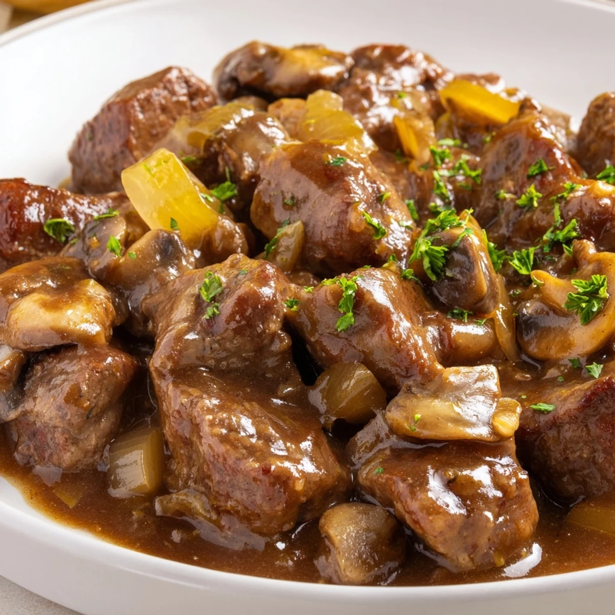 Hearty weeknight steak tips and gravy served in a rustic cast iron skillet