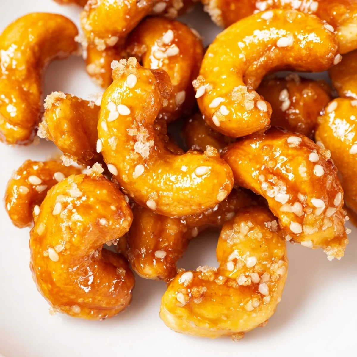 Golden honey sesame cashews glistening with a sticky sweet glaze on parchment paper