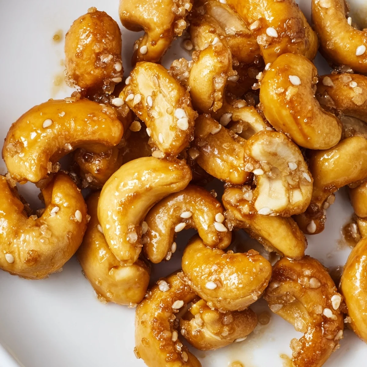 Crunchy honey sesame cashews scattered with toasted seeds in a rustic bowl