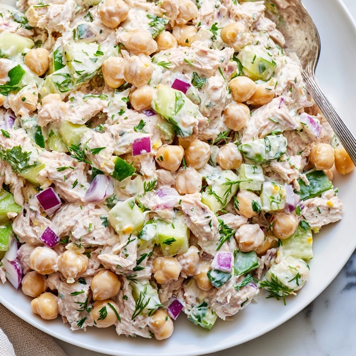 Close-up of creamy tuna chickpea cucumber salad piled on crisp lettuce leaves