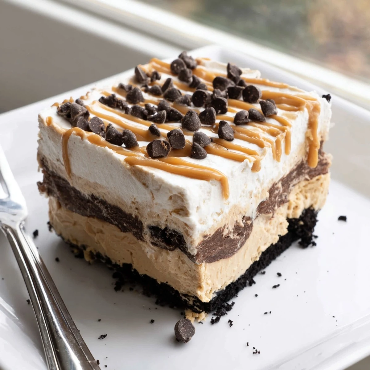 Creamy peanut butter layered delight with rich chocolate pudding and fluffy whipped topping
