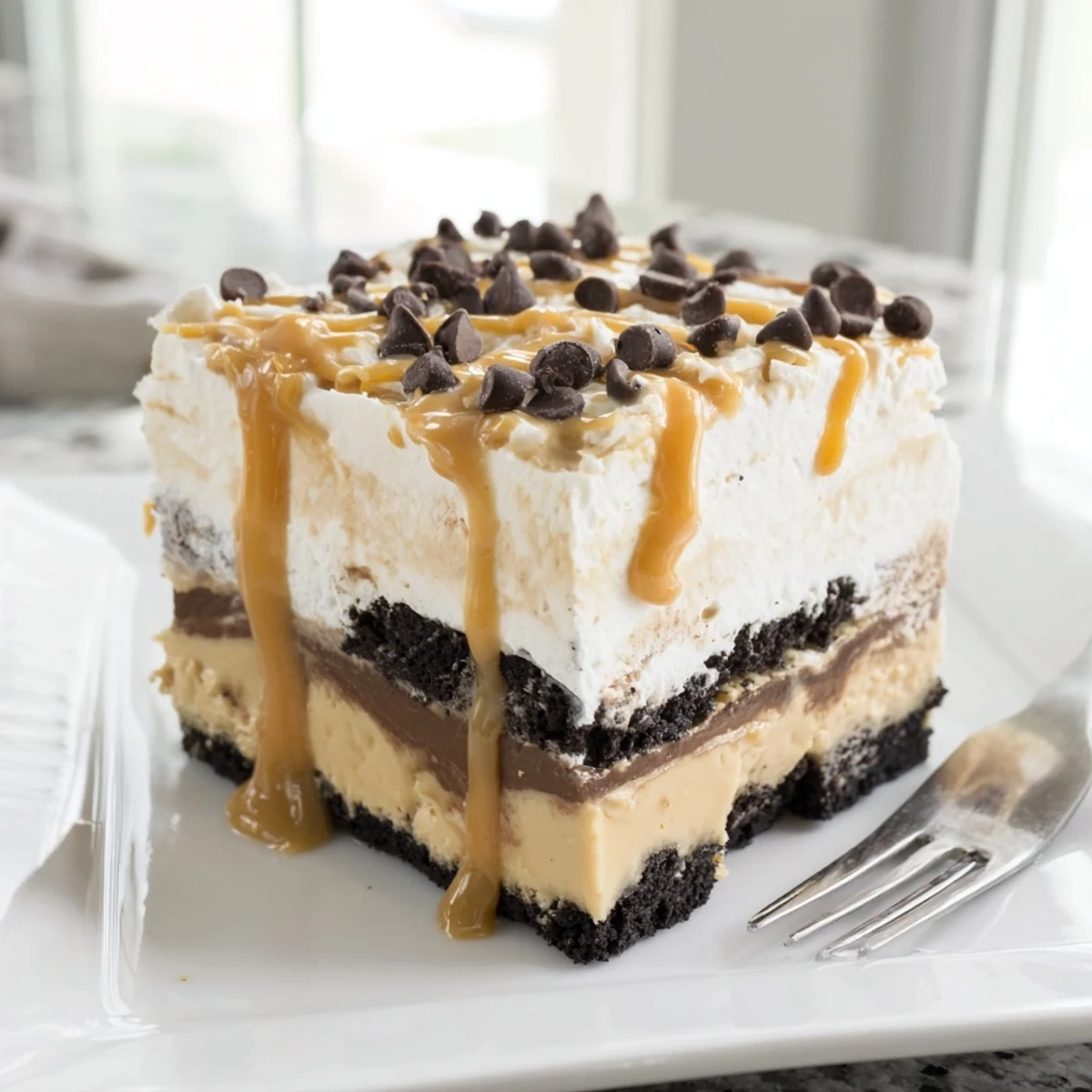 Golden drizzle over a chilled peanut butter layered delight in a glass baking dish