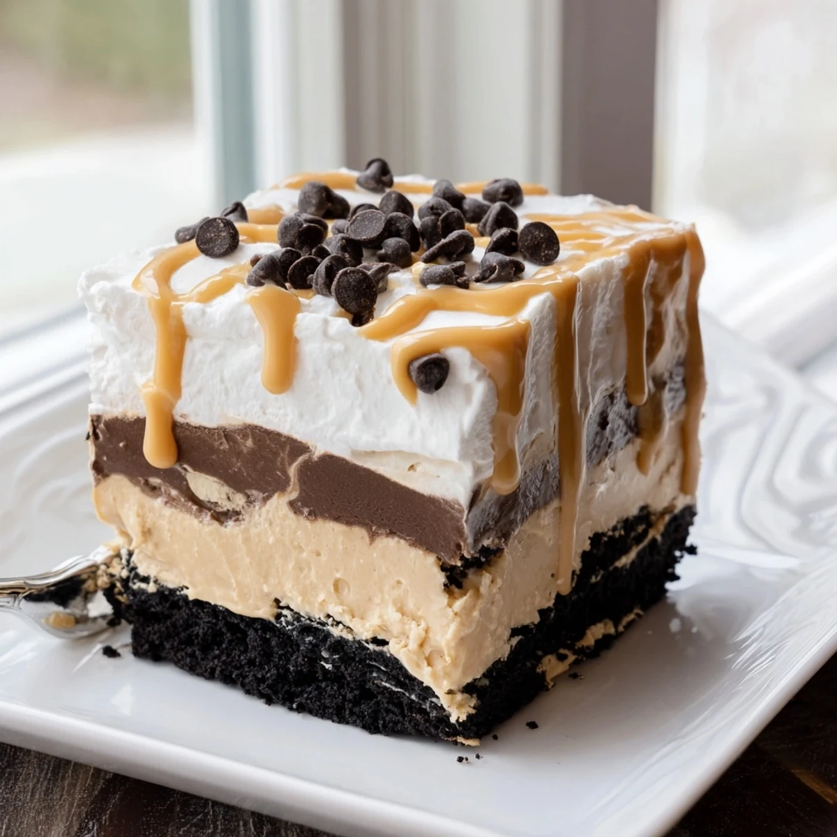 Peanut butter layered delight sliced into neat squares showing three indulgent dessert layers