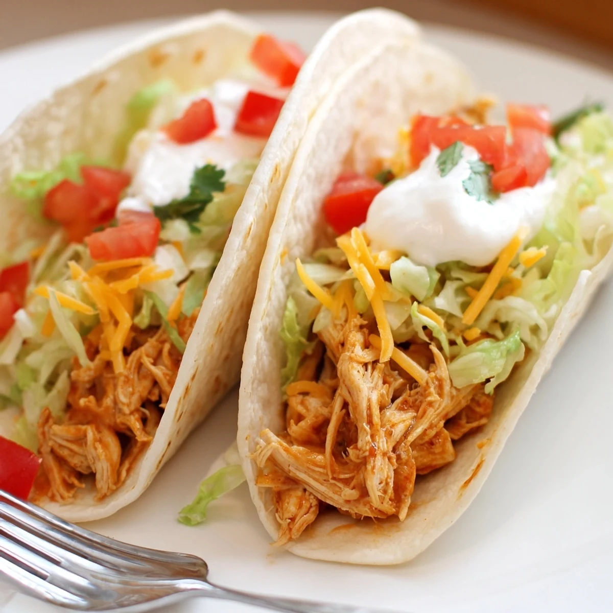 Juicy slow cooker ranch chicken tacos loaded with melted cheese and fresh cilantro