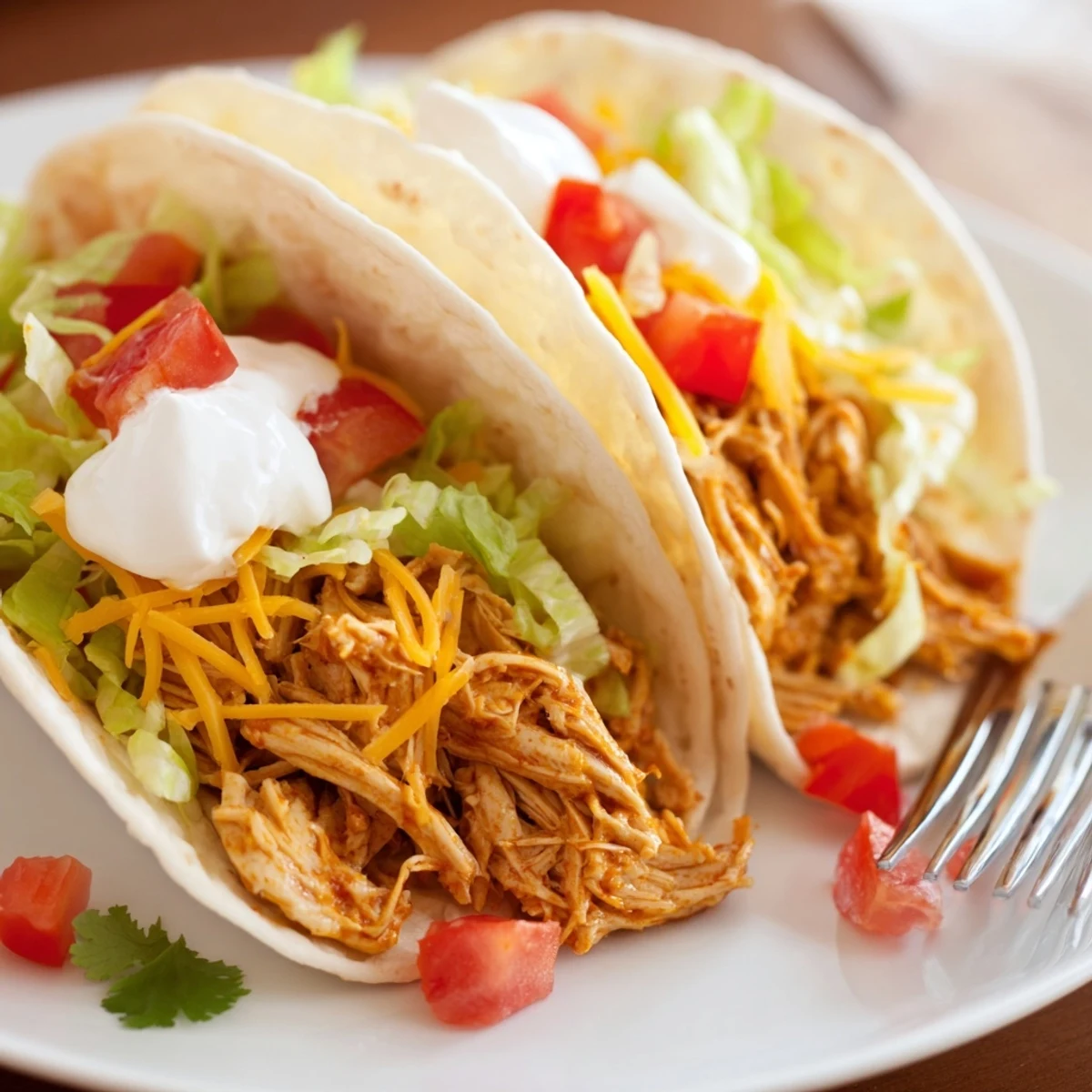 Tender shredded slow cooker ranch chicken tacos topped with sour cream and lettuce