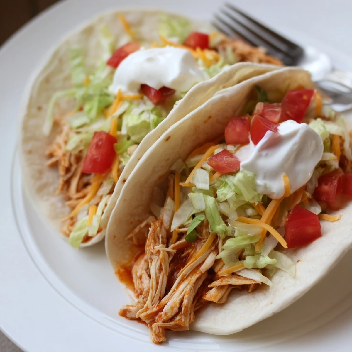 Warm slow cooker ranch chicken tacos in crispy shells with colorful fresh toppings