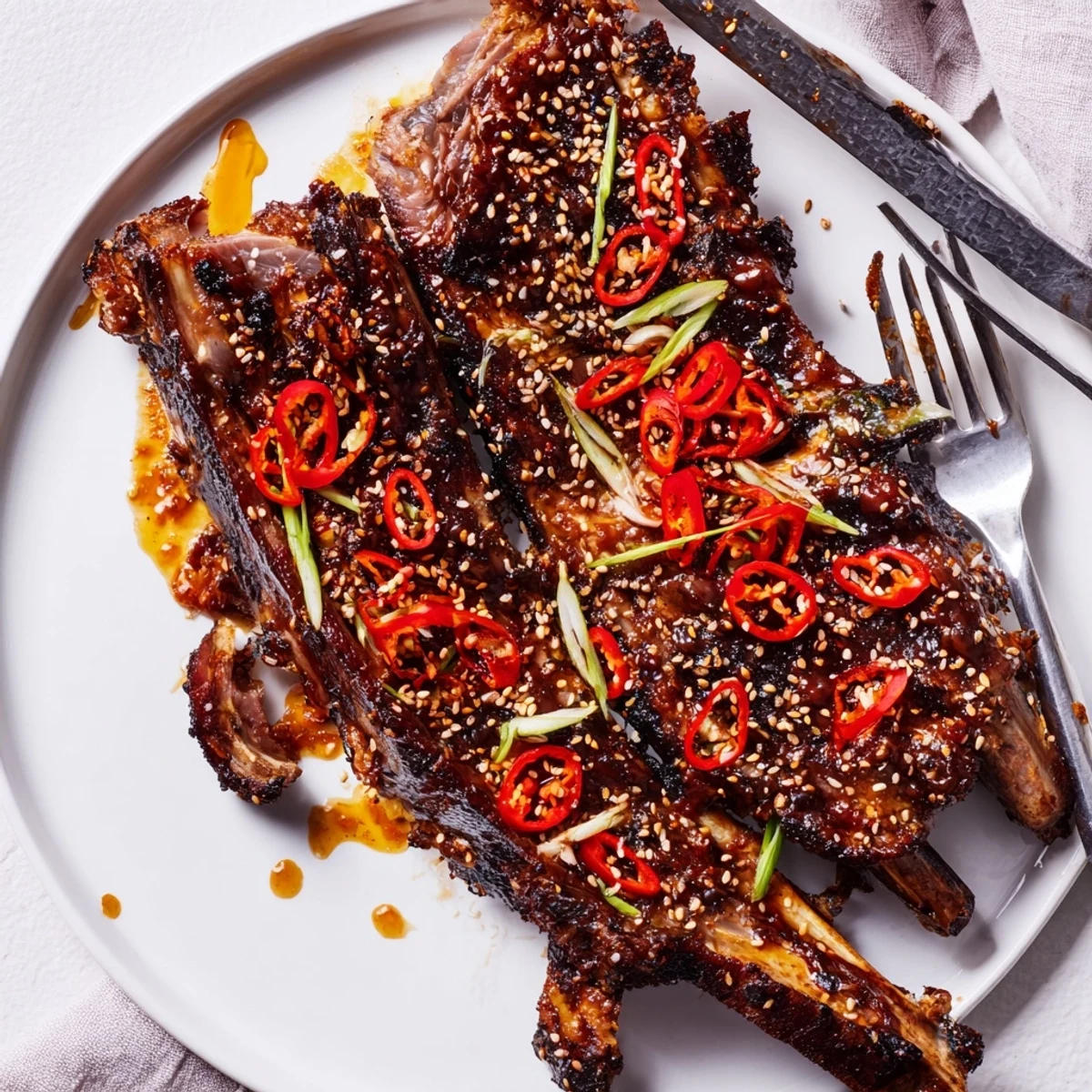 Charred Korean BBQ lamb ribs glistening with glaze and bright yuzu citrus wedges on a rustic platter