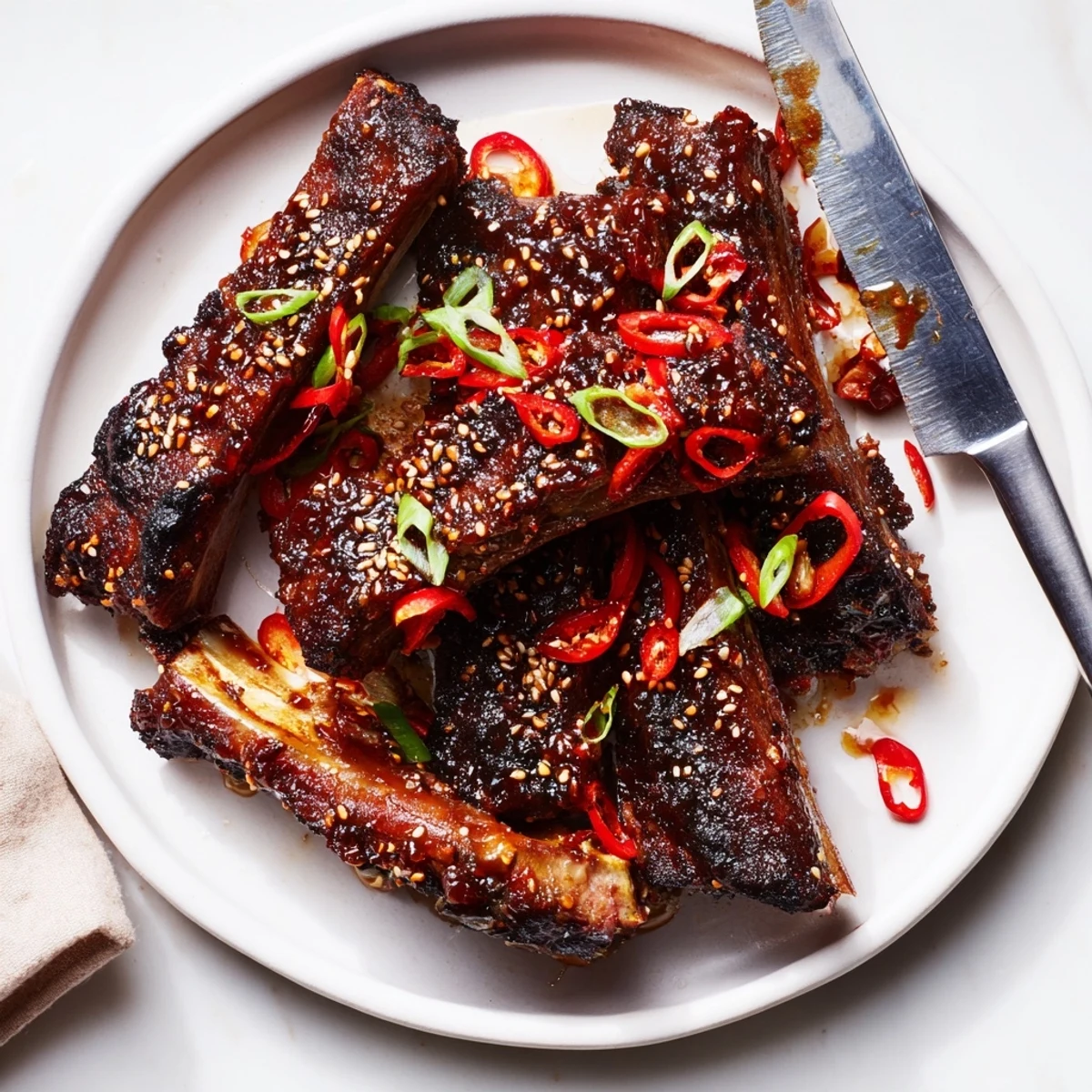 Tender caramelized Korean BBQ lamb ribs topped with sesame seeds spring onions and fresh yuzu