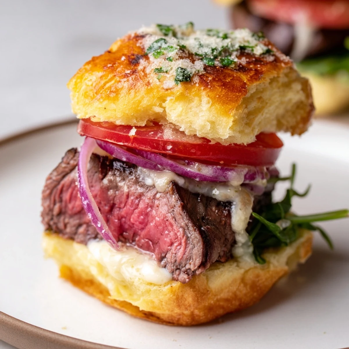 Juicy filet mignon sliders on golden garlic parmesan rolls with fresh arugula and tomato
