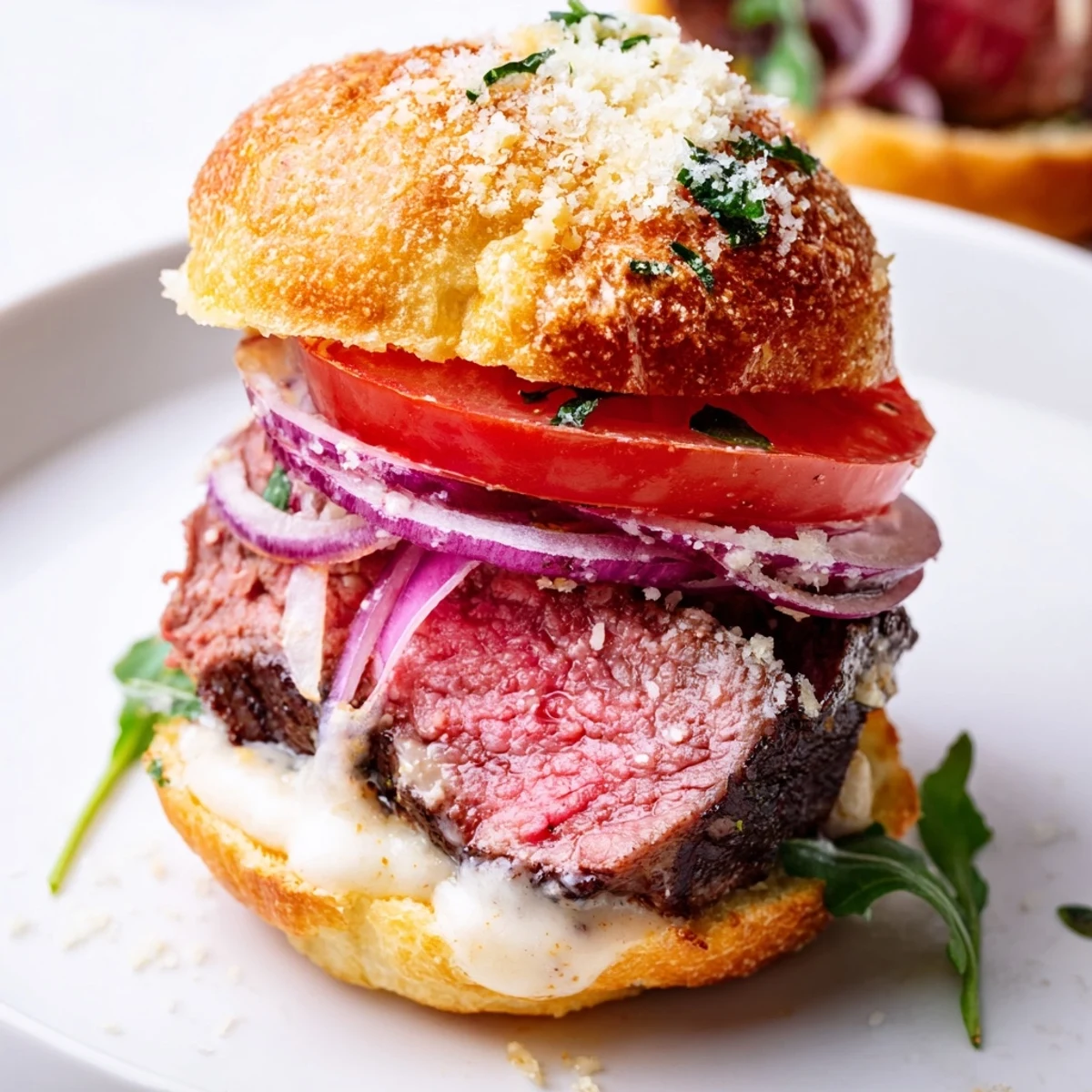 Crispy garlic parmesan rolls topped with seared filet mignon sliders and horseradish cream drizzle