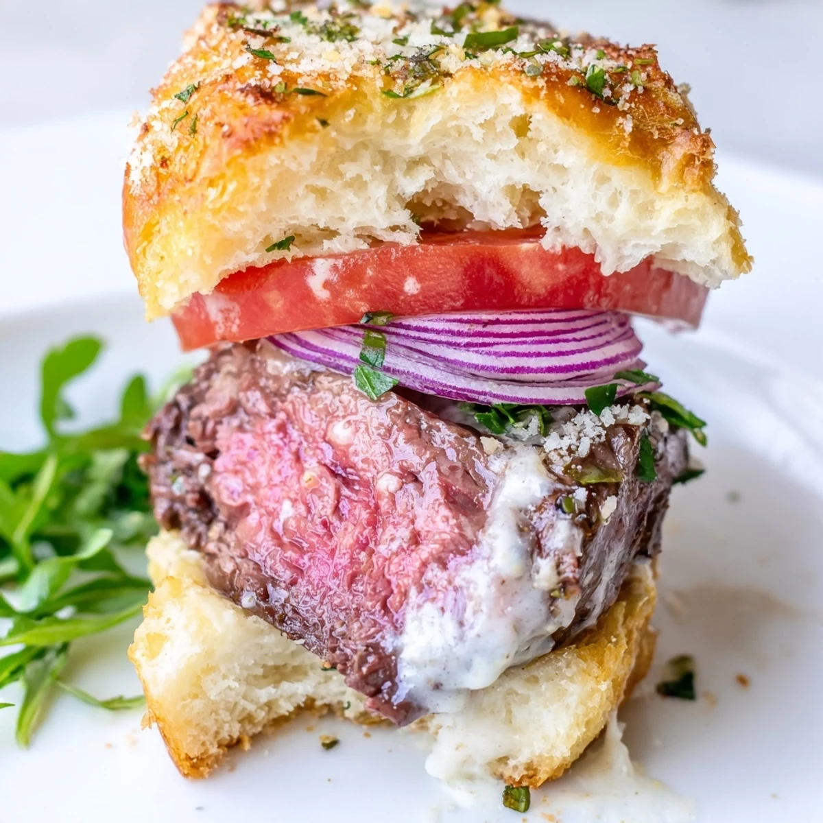 Warm filet mignon sliders nestled in toasted garlic parmesan buns with sliced red onion