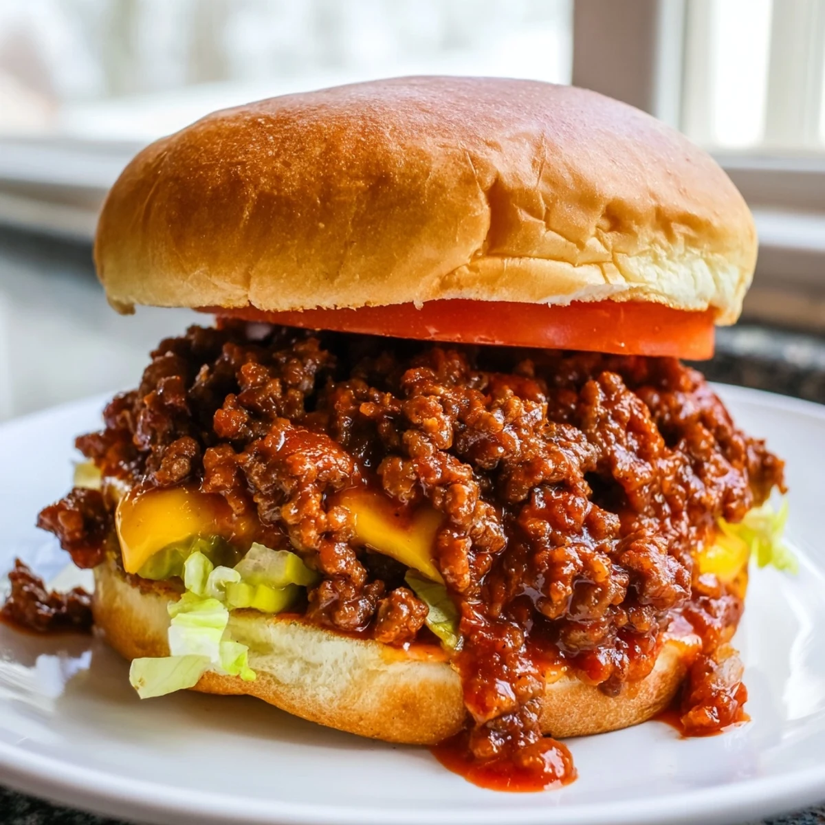 Melted cheddar tops this Smash Burger Sloppy Joes filling on a golden bun