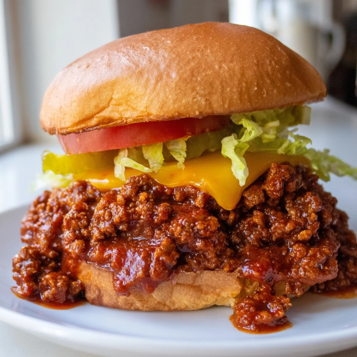 Smash Burger Sloppy Joes with tangy sauce, pickles, and gooey cheese dripping