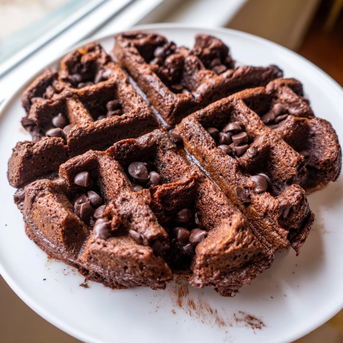 Fudgy Brownie Waffles with crisp golden edges and melty chocolate chips throughout