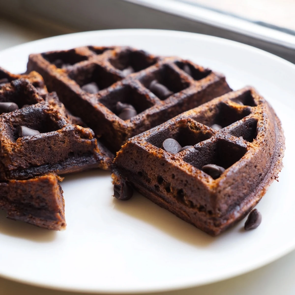 Warm Fudgy Brownie Waffles drizzled with syrup on a white ceramic plate