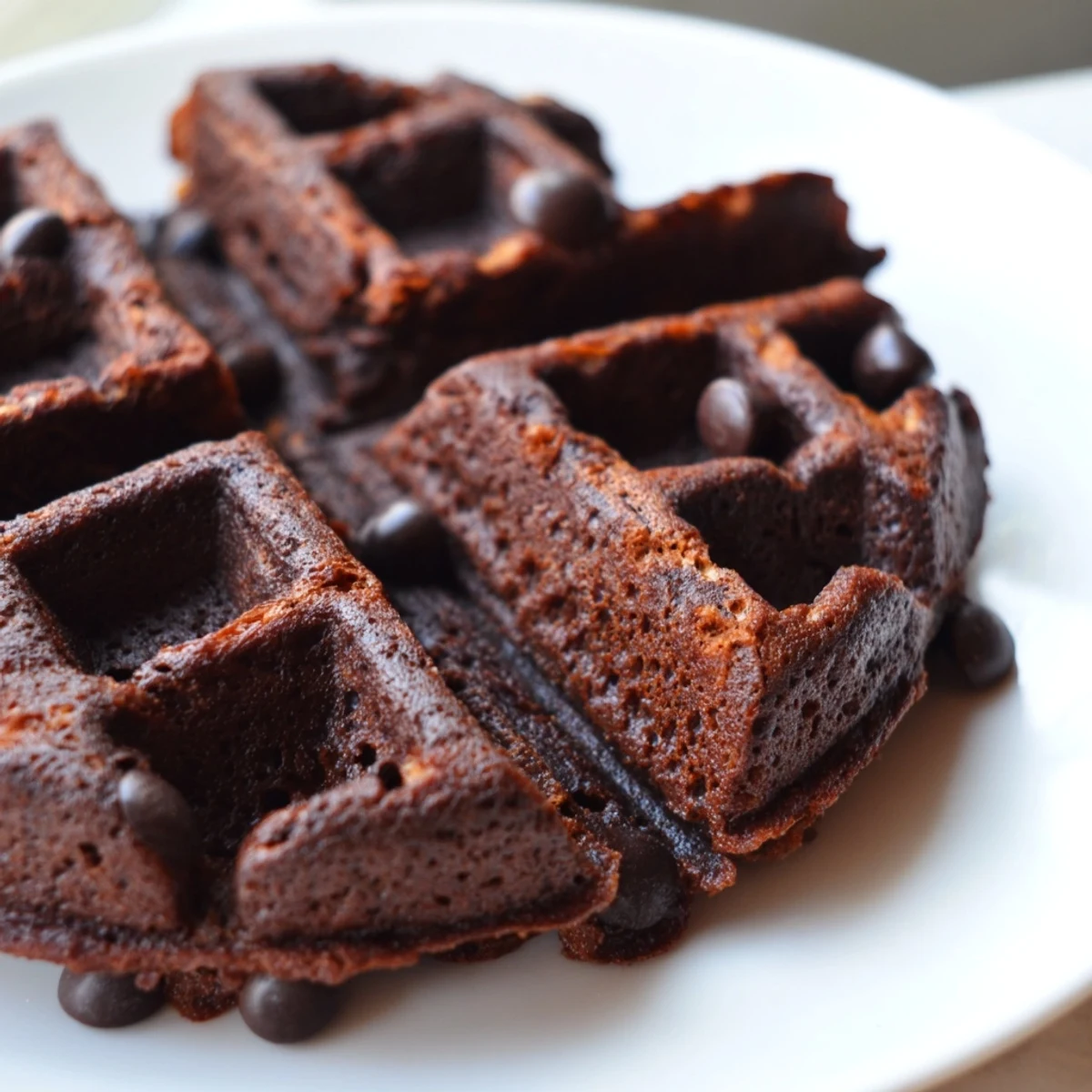 Thick Fudgy Brownie Waffles fresh off the iron with soft chewy centers