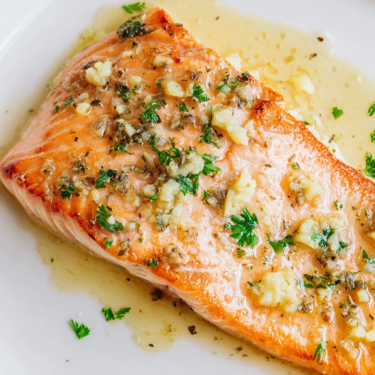 Golden garlic butter salmon fillets glistening in a cast iron skillet with fresh parsley