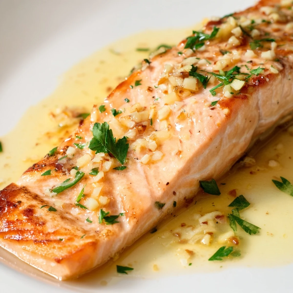 Pan-seared garlic butter salmon drizzled with rich lemon herb sauce on a white plate