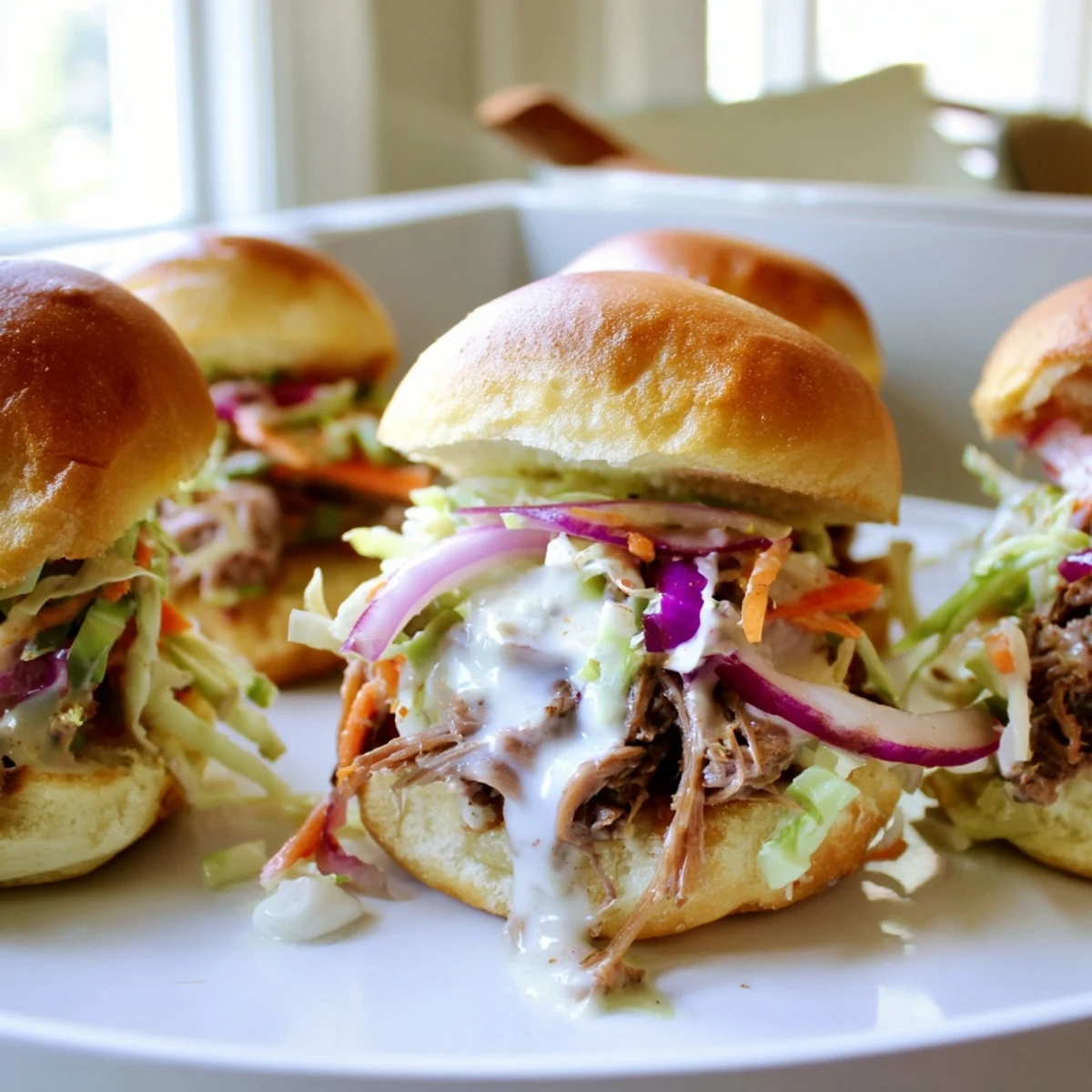 Creamy Alabama white sauce pulled lamb sliders topped with crunchy slaw on toasted buns
