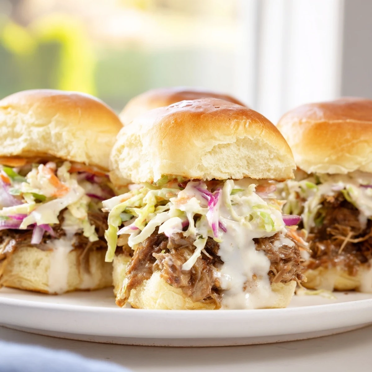 Tangy Alabama white sauce pulled lamb sliders piled high with crisp cabbage slaw