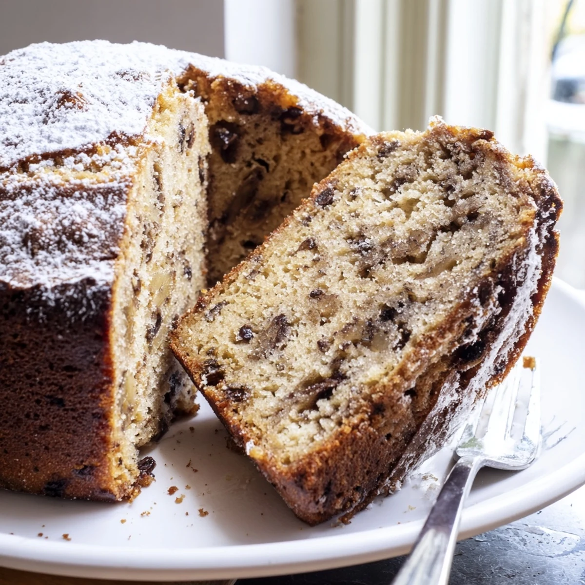 A golden banana cake slice topped with creamy frosting on a rustic plate.