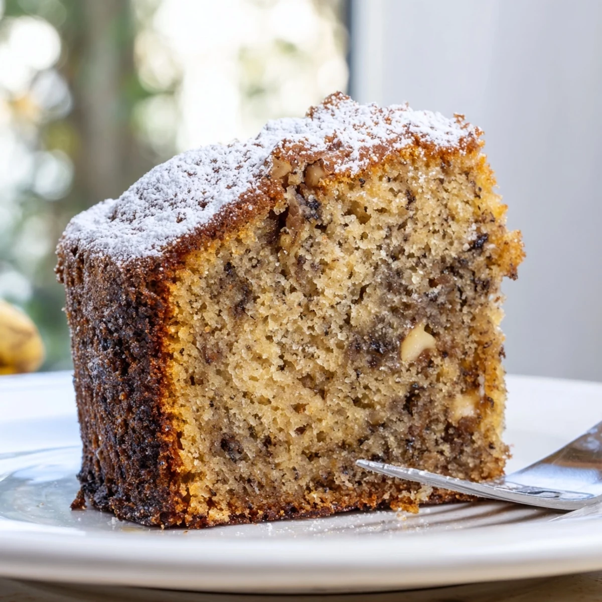 Warm banana cake fresh from the oven with a crackled golden brown crust.