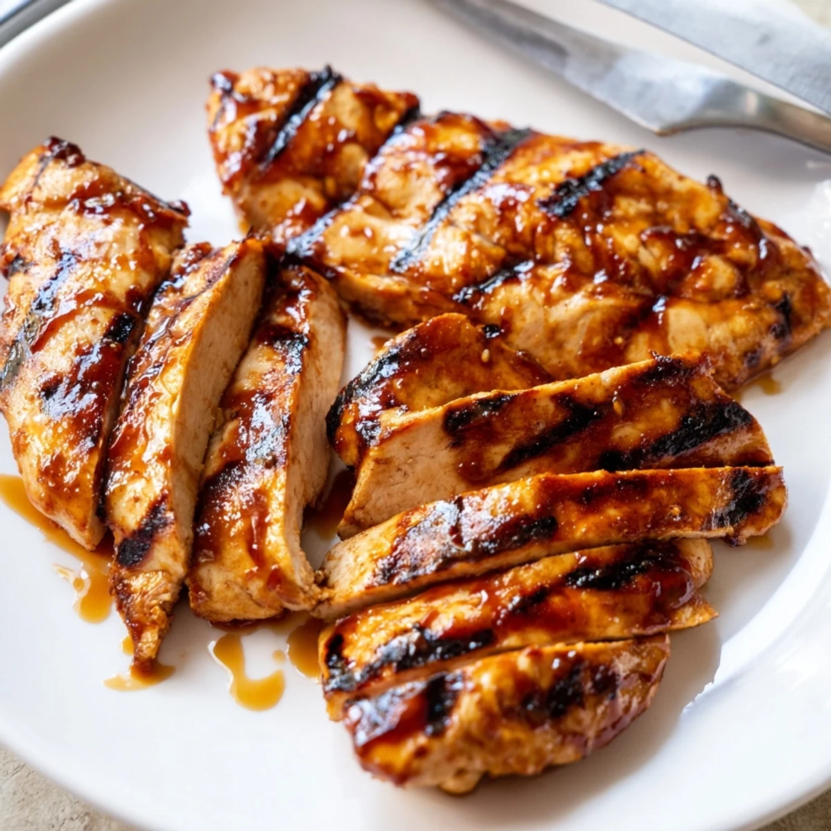 Juicy grilled Coca Cola glazed chicken breast sliced open showing tender meat alongside grilled corn
