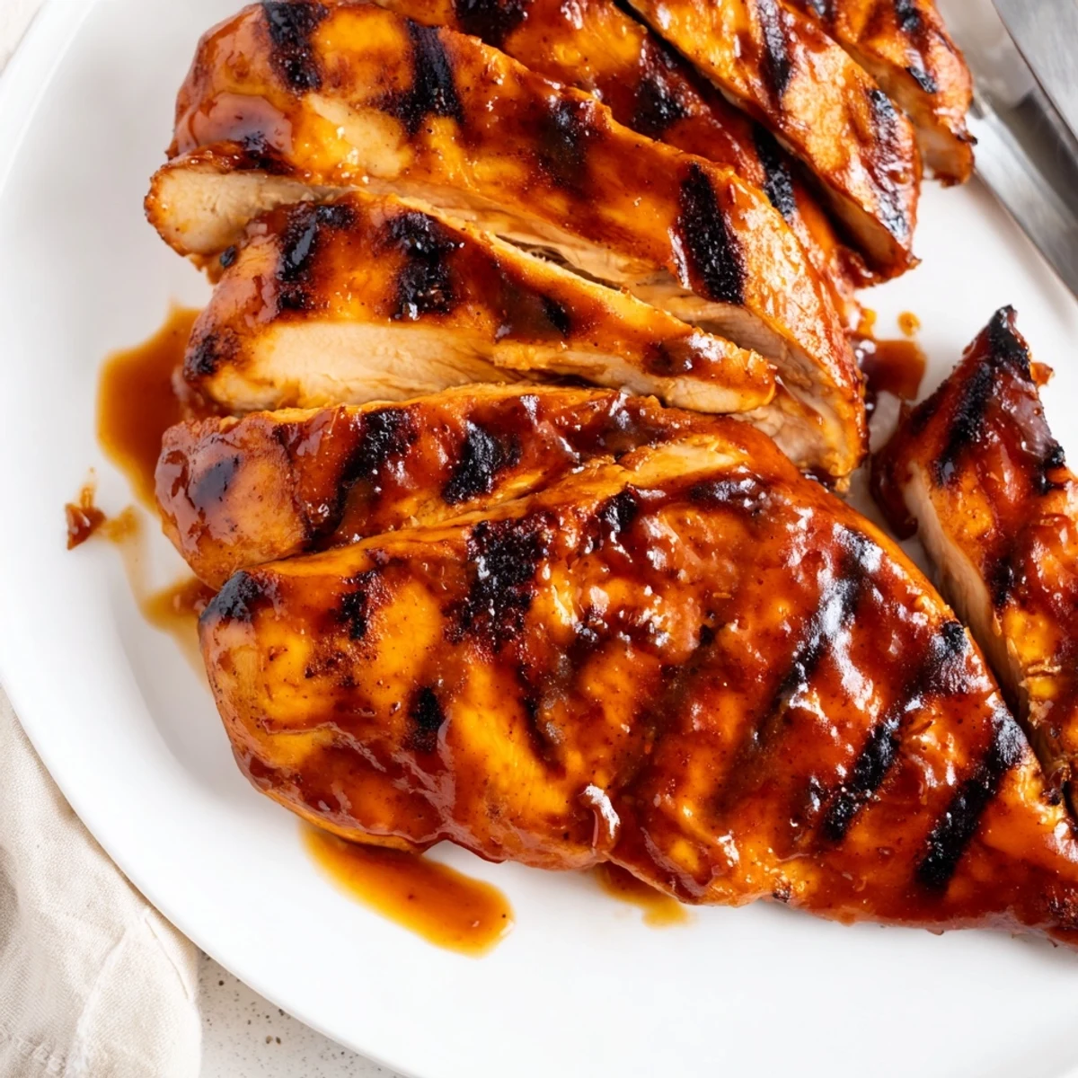 Caramelized grilled Coca Cola glazed chicken breast with glossy sticky sauce on a rustic plate