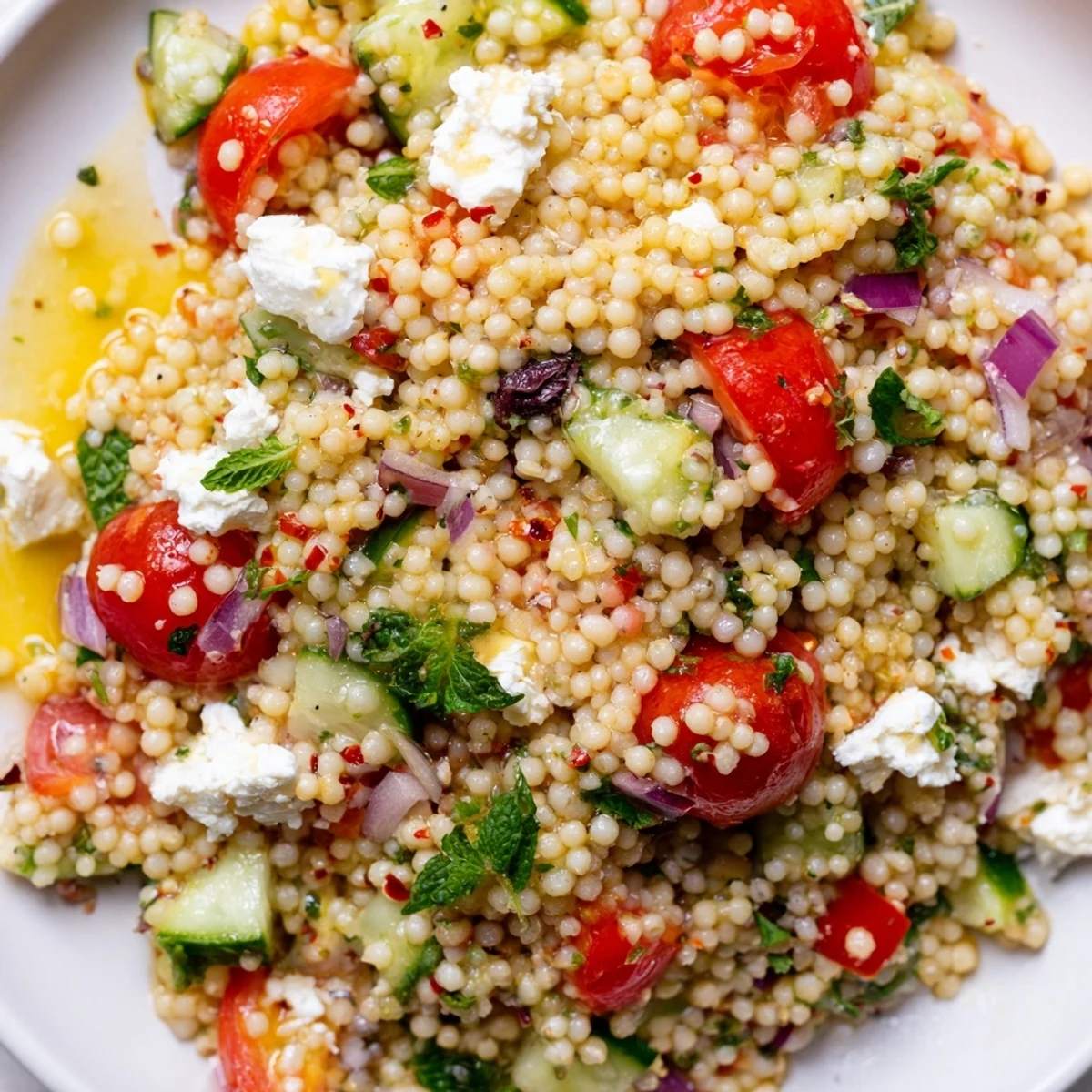 Colorful Mediterranean Couscous Salad topped with crumbled feta in a rustic white bowl