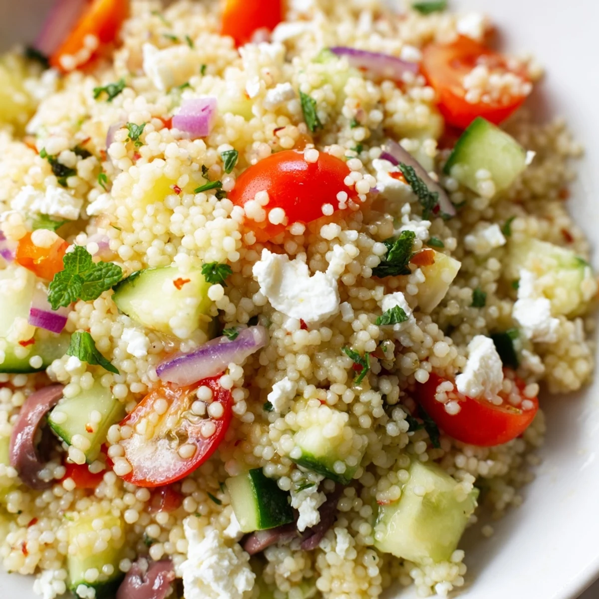 Fluffy Mediterranean Couscous Salad drizzled with spicy-sweet hot honey lemon vinaigrette close-up