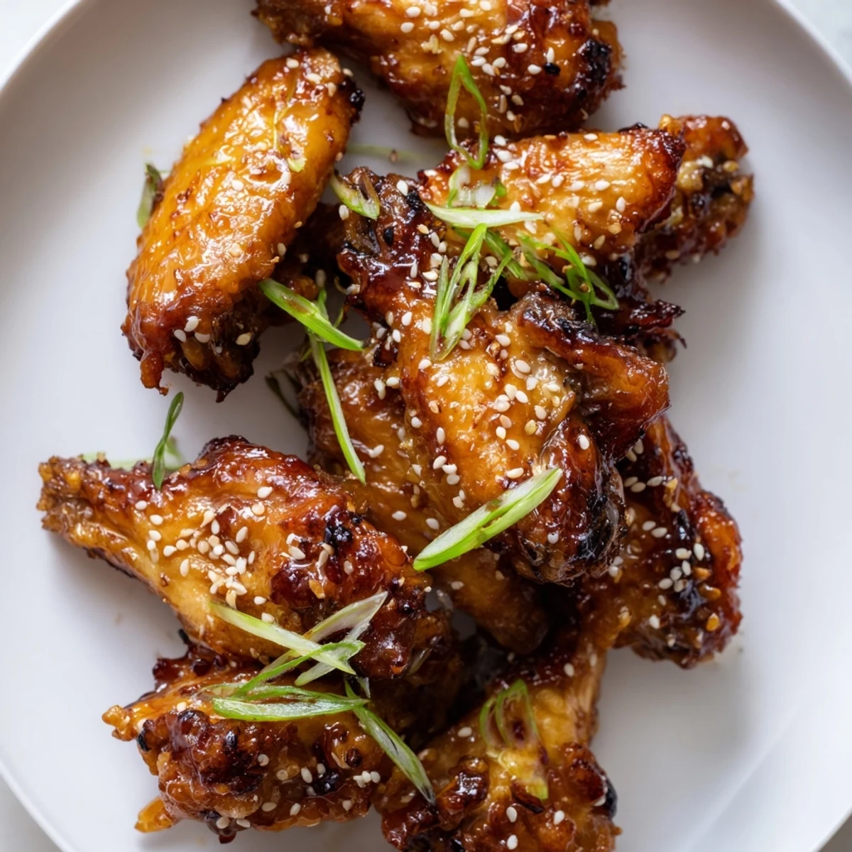 Crispy baked miso honey marinated chicken wings glazed and garnished with sesame seeds on a rustic platter