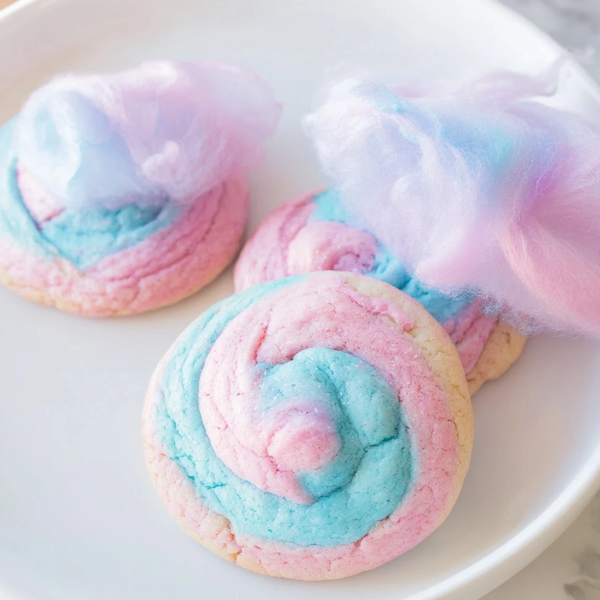 Cotton candy cookies topped with fluffy spun sugar on a decorative plate