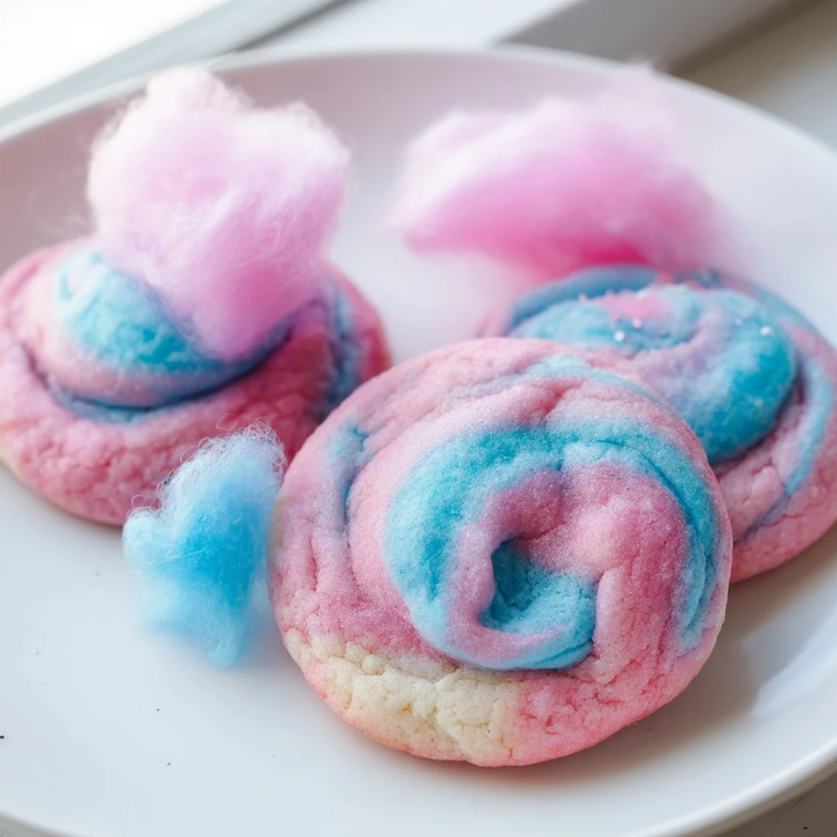 Chewy cotton candy cookies featuring a marbled blue and pink pattern
