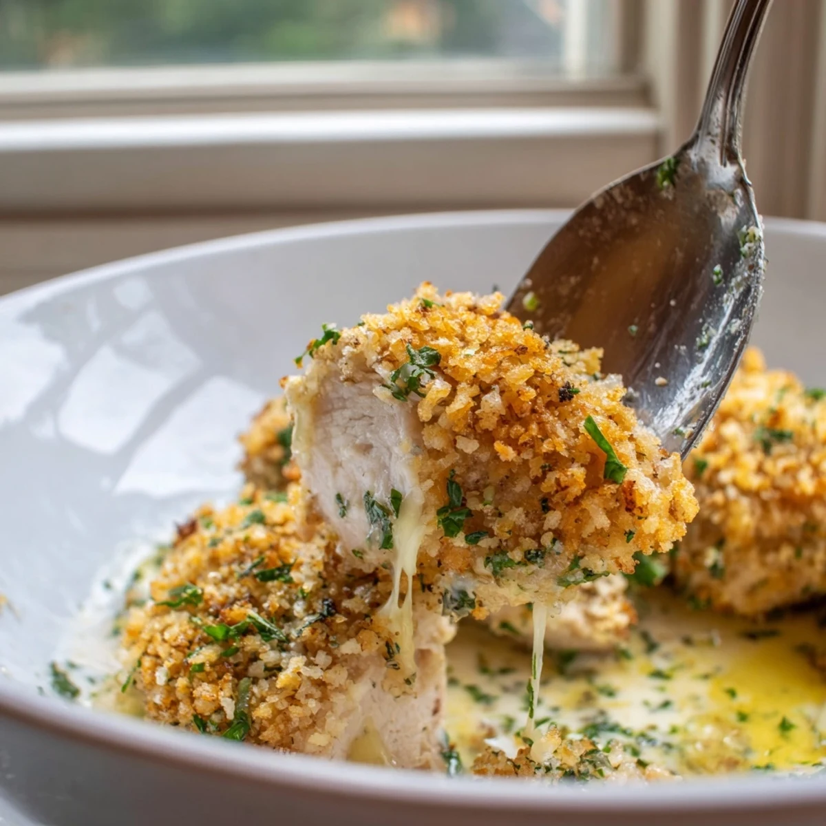 Creamy garlic herb sauce coats tender chicken pieces in this Chicken Kiev Casserole