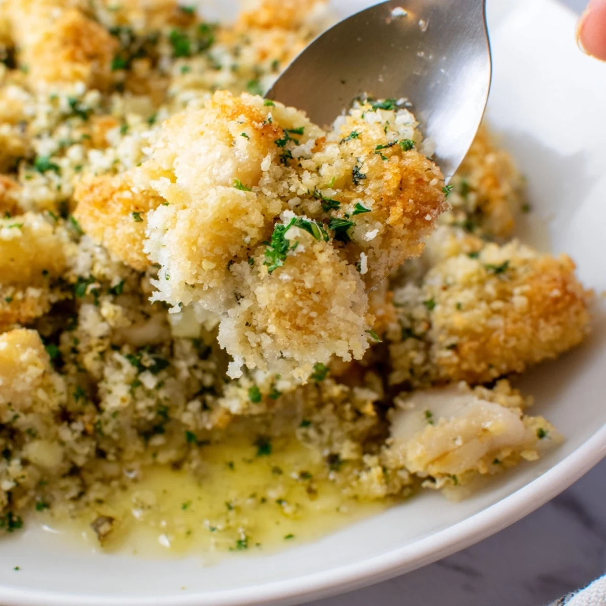 Golden crispy breadcrumb topping on this bubbling Chicken Kiev Casserole fresh from oven