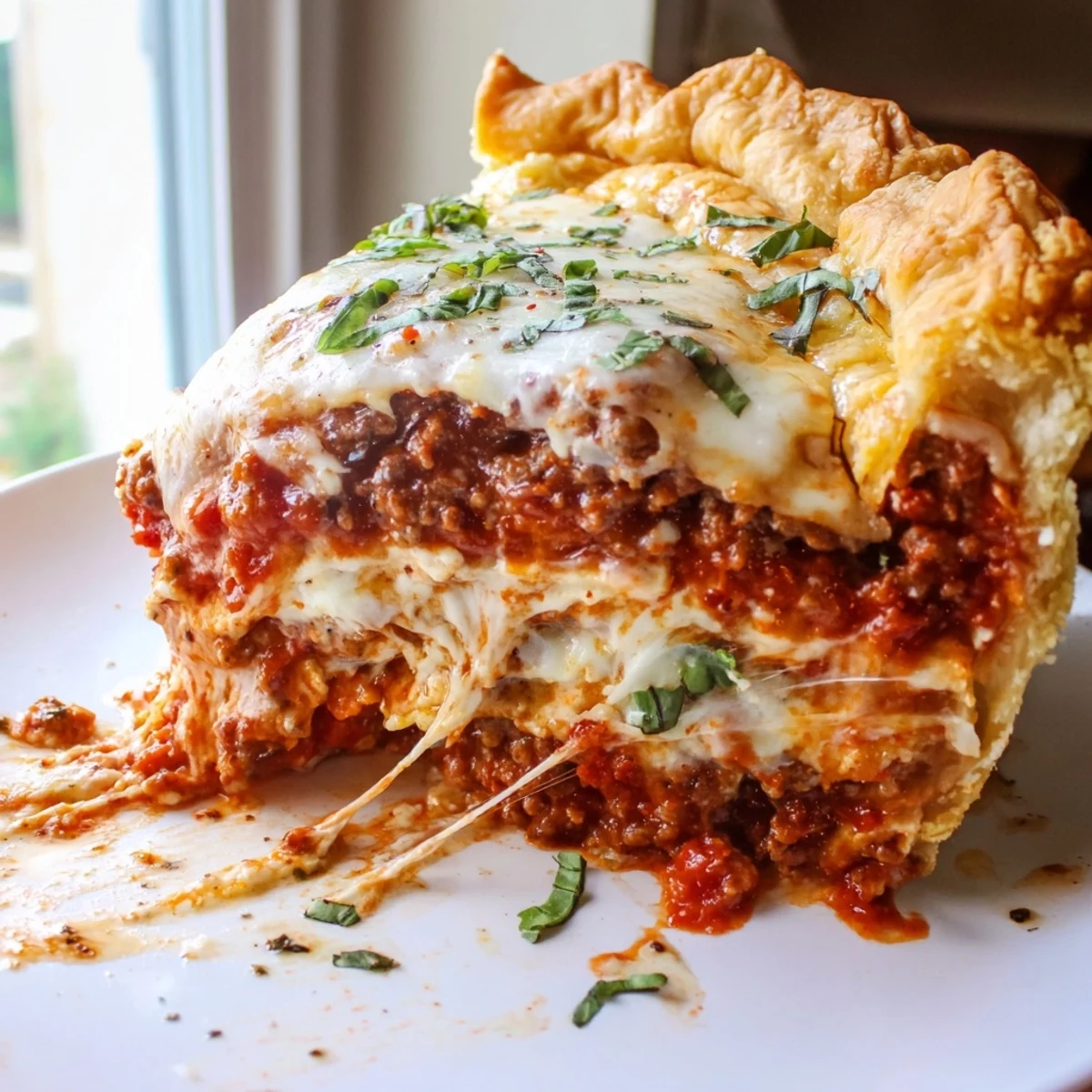 Golden bubbling cheesy lasagna pie with gooey layers fresh from the oven