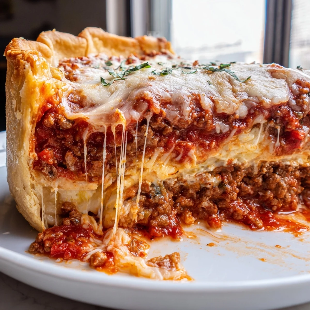 Cheesy lasagna pie sliced open revealing gooey layers of ricotta and beef