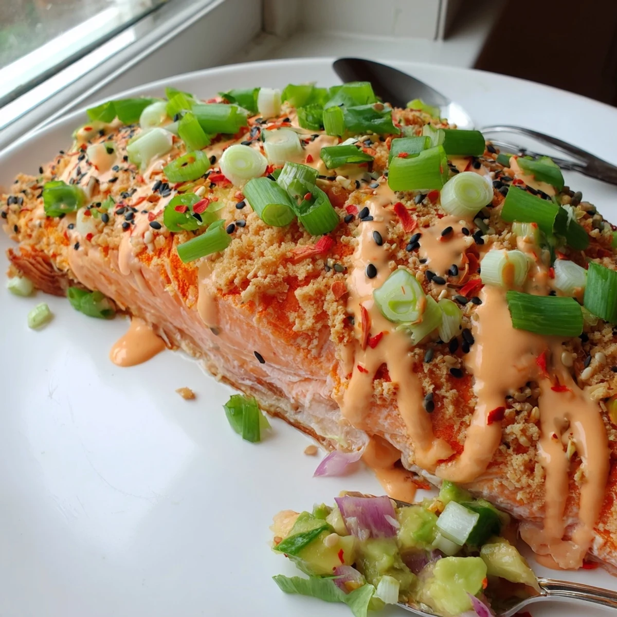 Pan-seared Bang Bang Salmon with creamy avocado cucumber salsa on a white plate