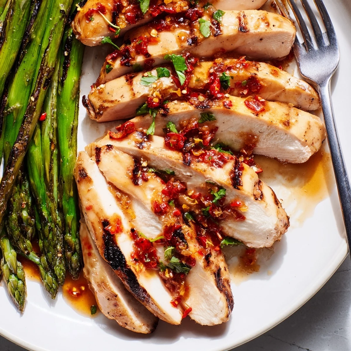 Juicy grilled asparagus chicken drizzled with vibrant Calabrian chili sauce on a white plate