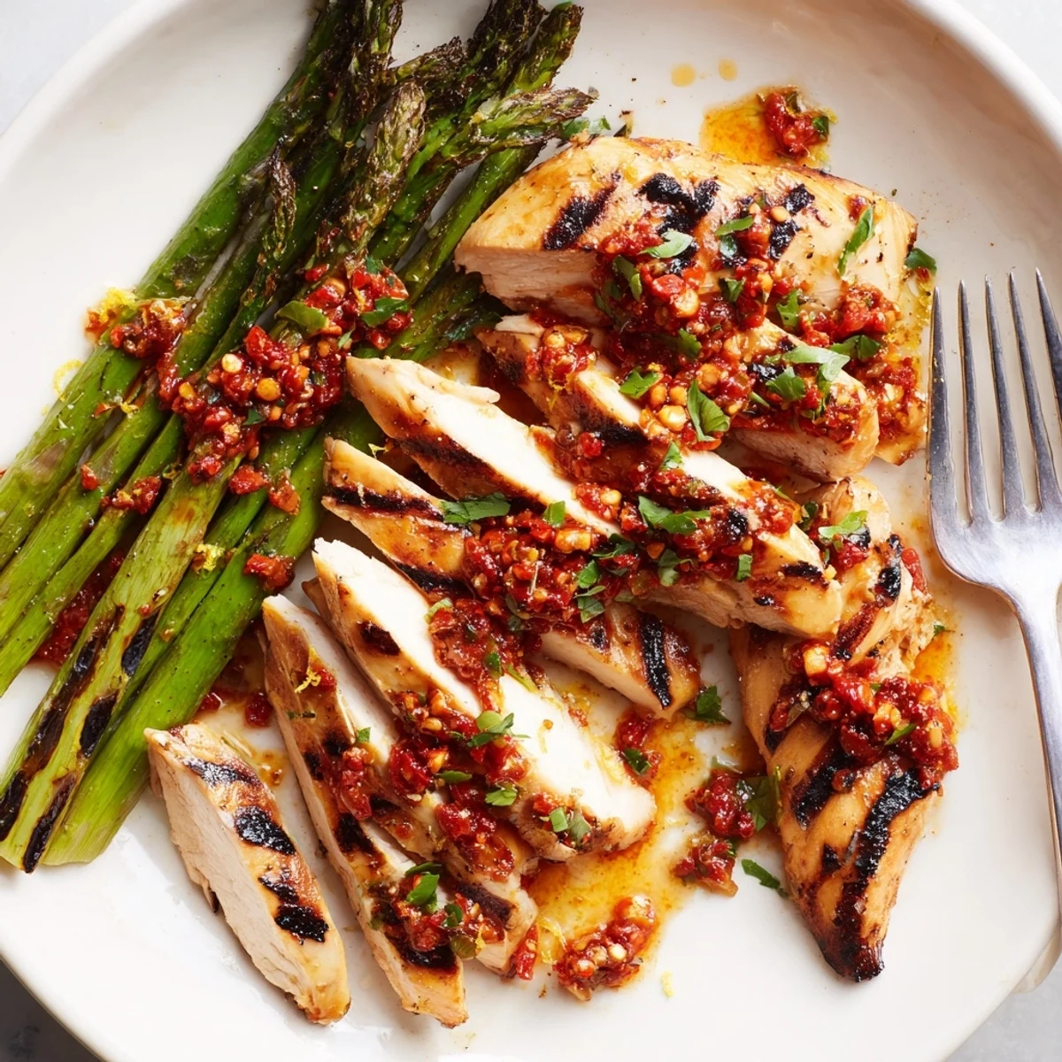Perfectly grilled chicken with tender asparagus spears and glistening Calabrian chili sauce served hot
