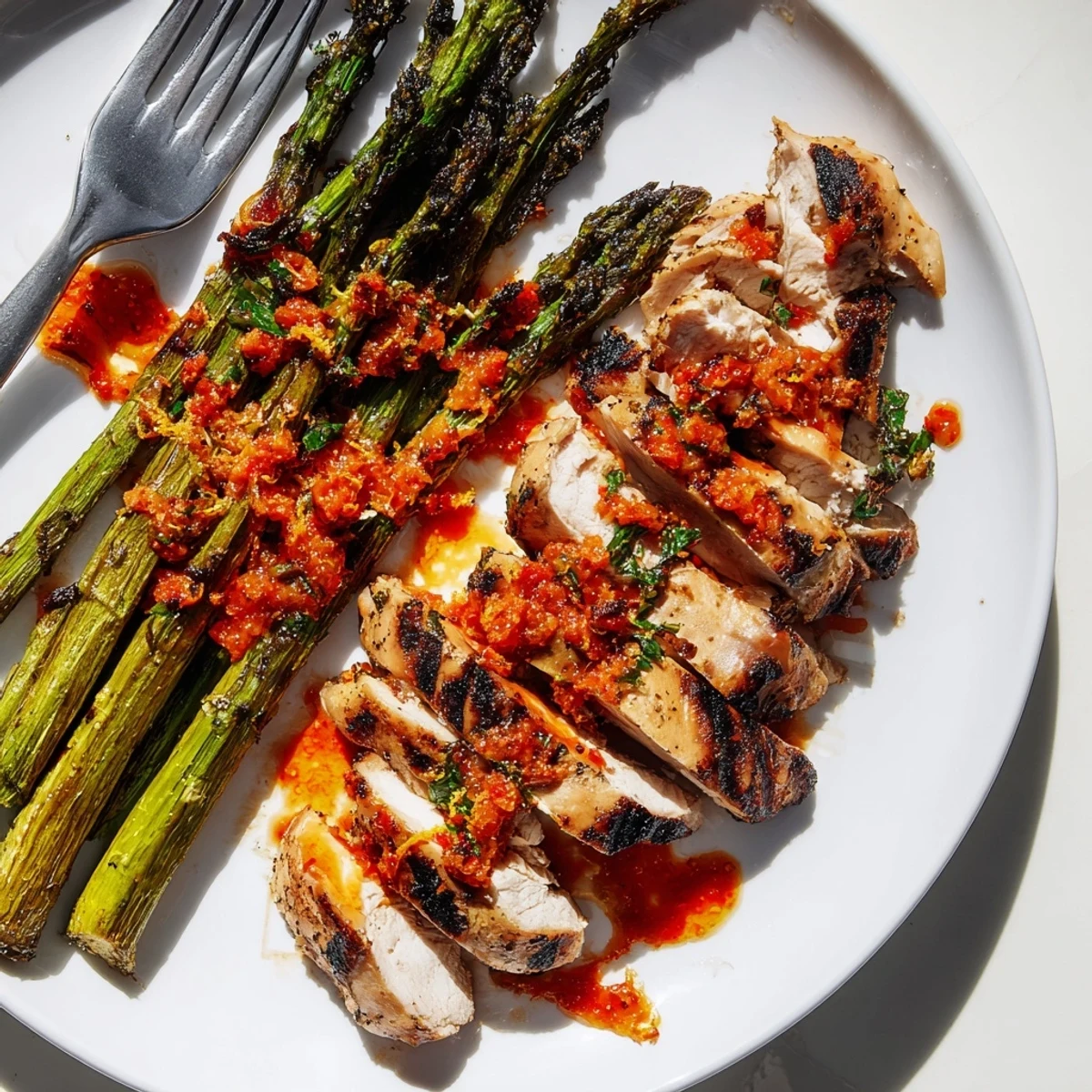 Smoky charred asparagus and grilled chicken breasts topped with spicy Calabrian chili sauce