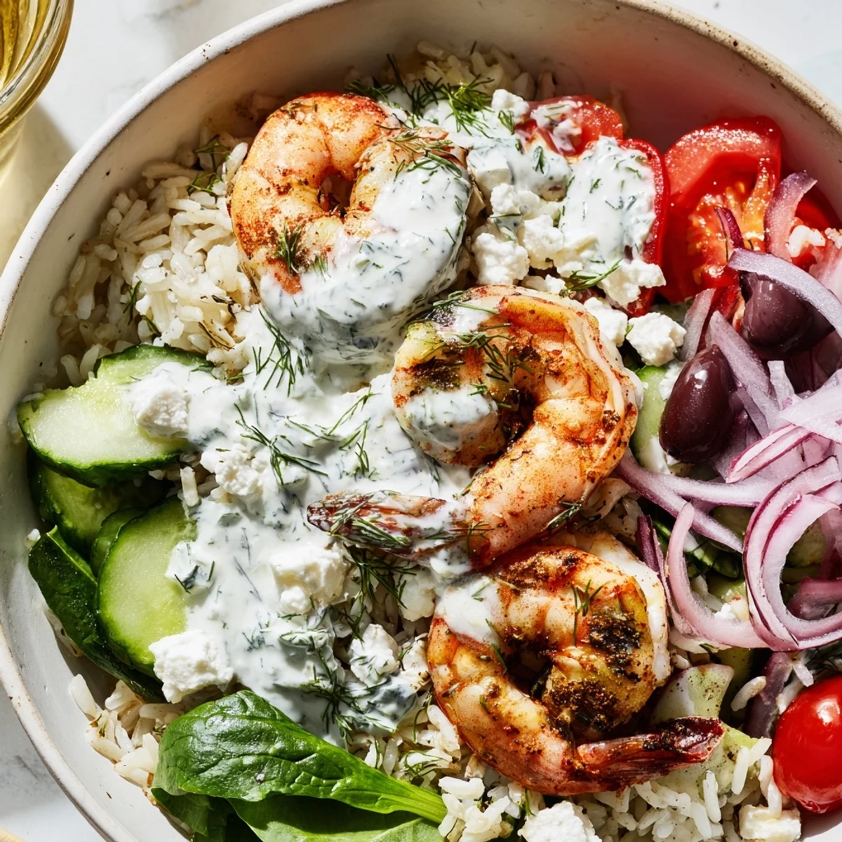 Golden seared shrimp nestled over lemony rice in a Greek Shrimp Mediterranean Bowl