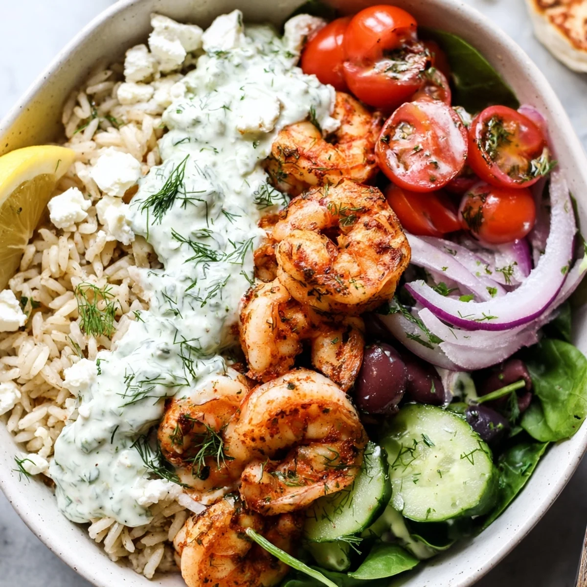 Vibrant Greek Shrimp Mediterranean Bowl with crisp cucumbers, juicy tomatoes, and creamy tzatziki