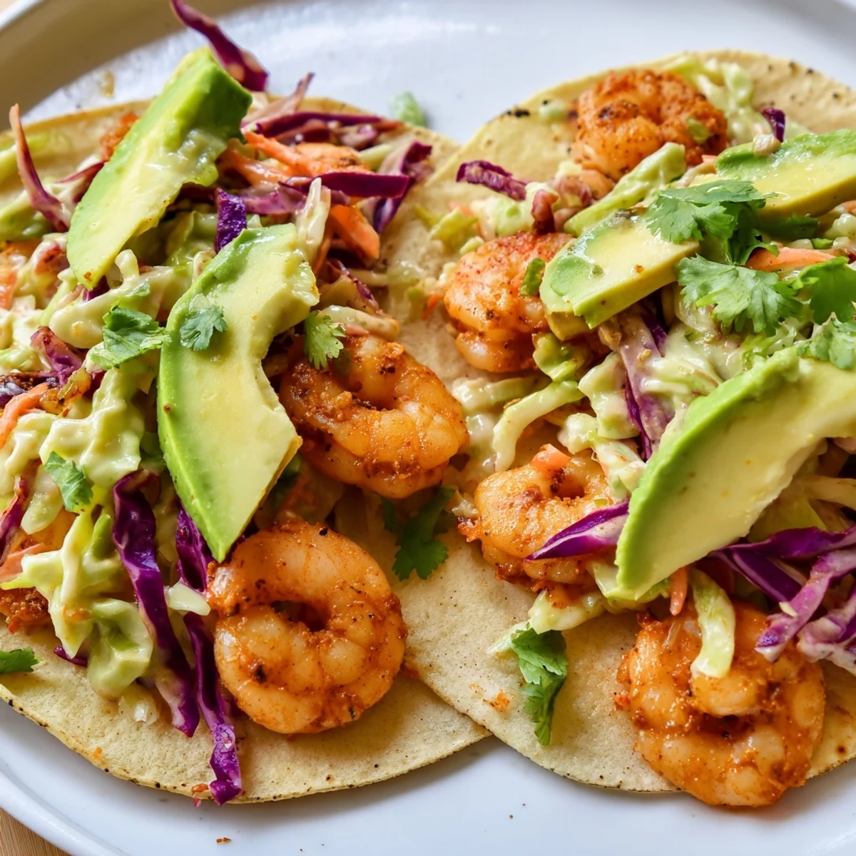 Crispy-edged spicy shrimp tacos piled high with creamy garlic cilantro lime slaw on warm tortillas