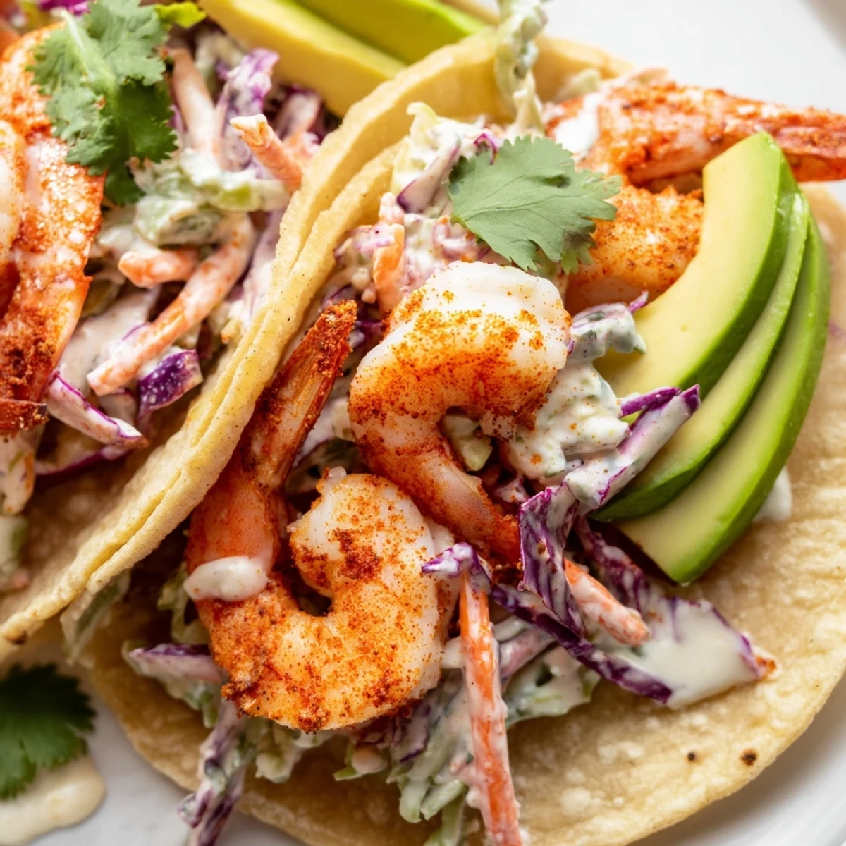 Golden pan-seared shrimp nestled in soft tortillas with vibrant green garlic cilantro lime slaw and sliced avocado